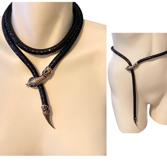 Whiting & Davis Jewelry - Vintage Whiting and Davis Black Gold Mesh Snake Serpent Necklace Belt